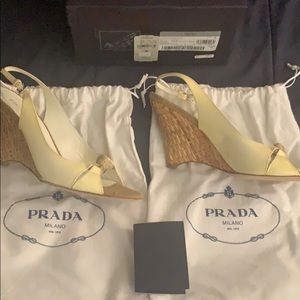 Prada open-toe cream patent leather wedge heel